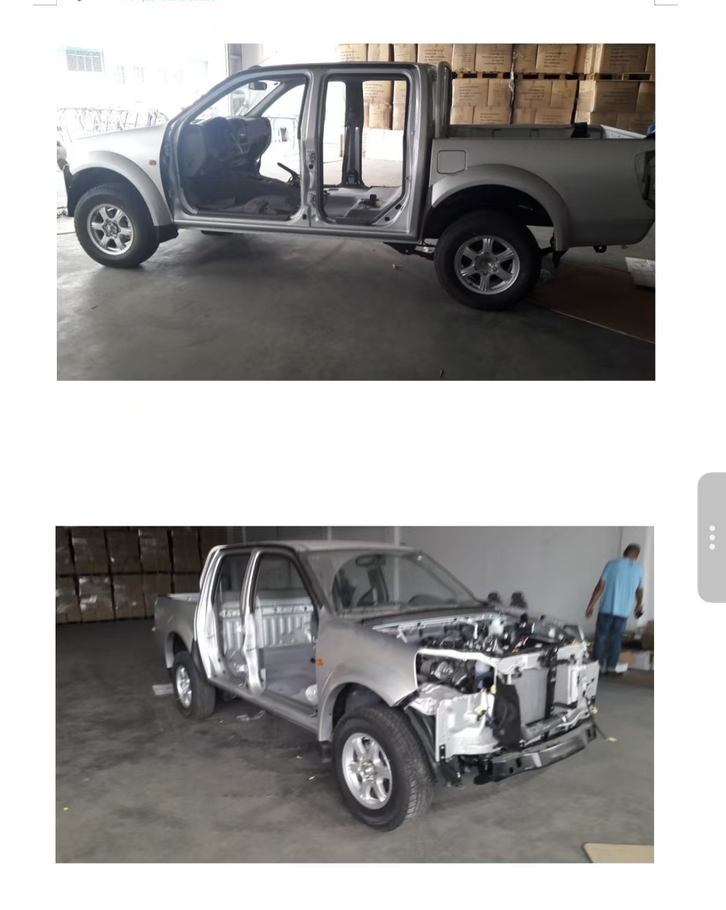 Pickup body shell with doors and front-end components removed during an assembly-stage reference